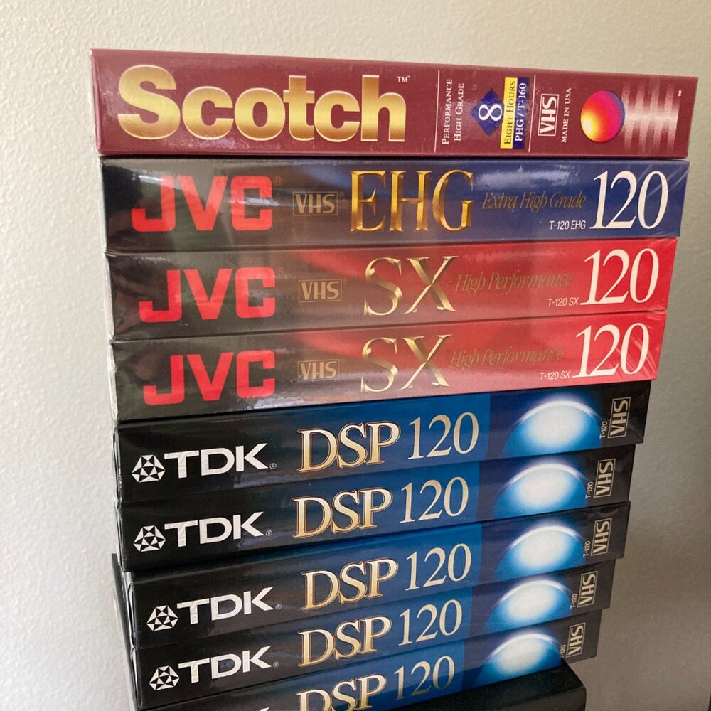 New Sealed Blank VHS Tapes High Quality set of 9 TDK, Scotch, JVC 6-8 hours
